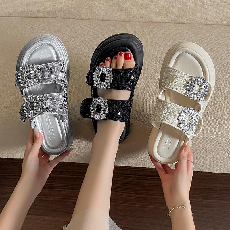 Fashion Thick Soled 2025 Summer New Casual Square Buckle Water Diamond Double Strap One Line Slipper for External Wear, Sandals