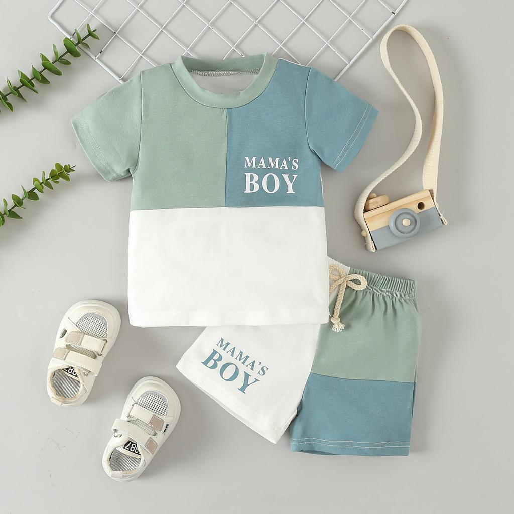 Boys' Set Summer Children's Casual Color-blocked Short-sleeved Letter T-shirt and Shorts