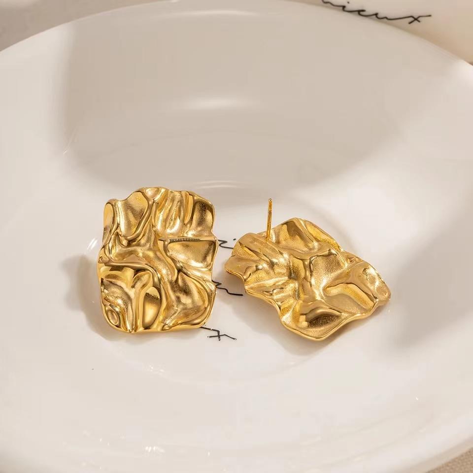 Square Fold Textured Large Stud Earrings Gold Color Fashion Earrings For Women Chic Geometric Temperament Jewelry