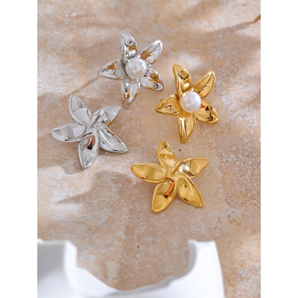 Yhpup Popular Flower Daily Fashion Stud Earrings Imitation Pearl Stylish Stainless Steel Waterproof Temperament Jewelry