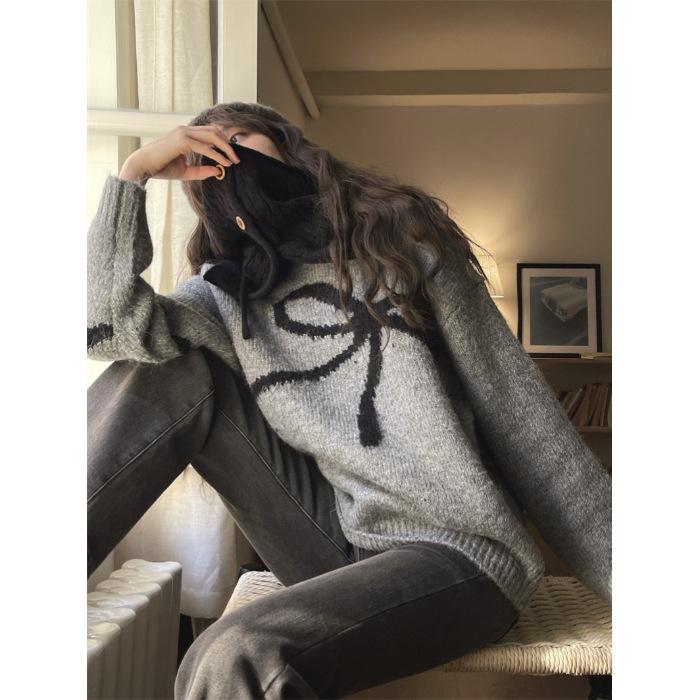 

Женский кашемировый свитер JMWOMEN с круглым вырезом контрастного цвета - японский стиль, свободный, зимняя внутренняя одежда One Size серый