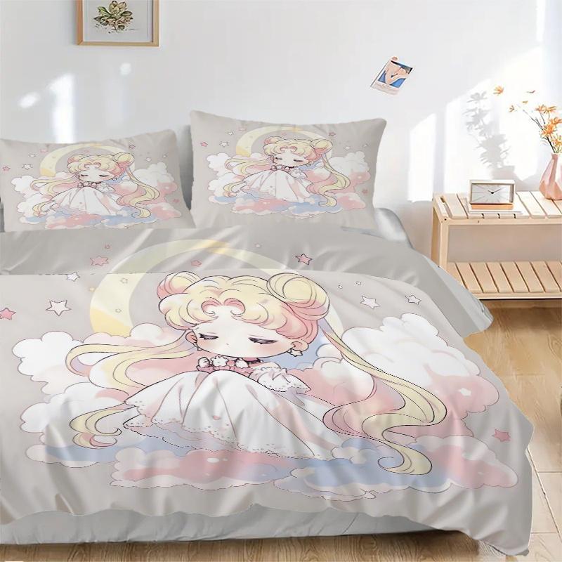 3pcs Sailor Moon Anime Bedding Set, Including 1 Quilt Cover and 2 Pillow Shams, Without Filling, Soft and Comfortable Home Bedroom Fabric, F