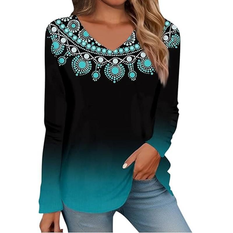 Women's V-neck Long-sleeved T-shirt Personalized Street Abstract Print Loose Women's Top