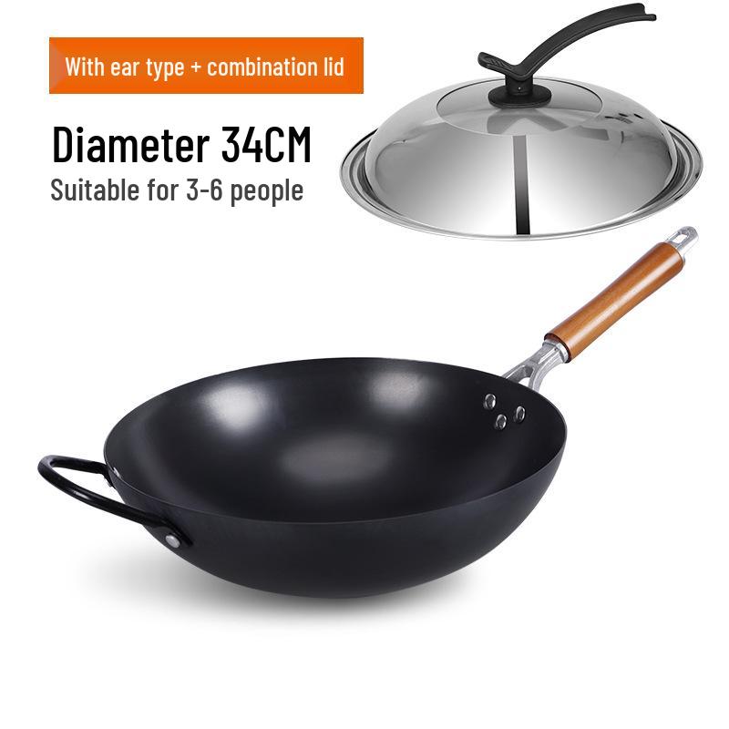Old-Fashioned Non-Coated Cast Iron Wok, Round Bottom, Non-Slip, Non-Stick, Gas Stove Compatible, Nitrided Fine Iron.