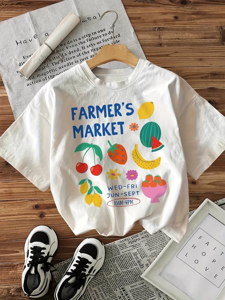 Unisexs Casual Short Sleeve Crew Neck TShirt Farmers Market Graphic Print with Colorful Fruits Flowers Breathable Tops Tees