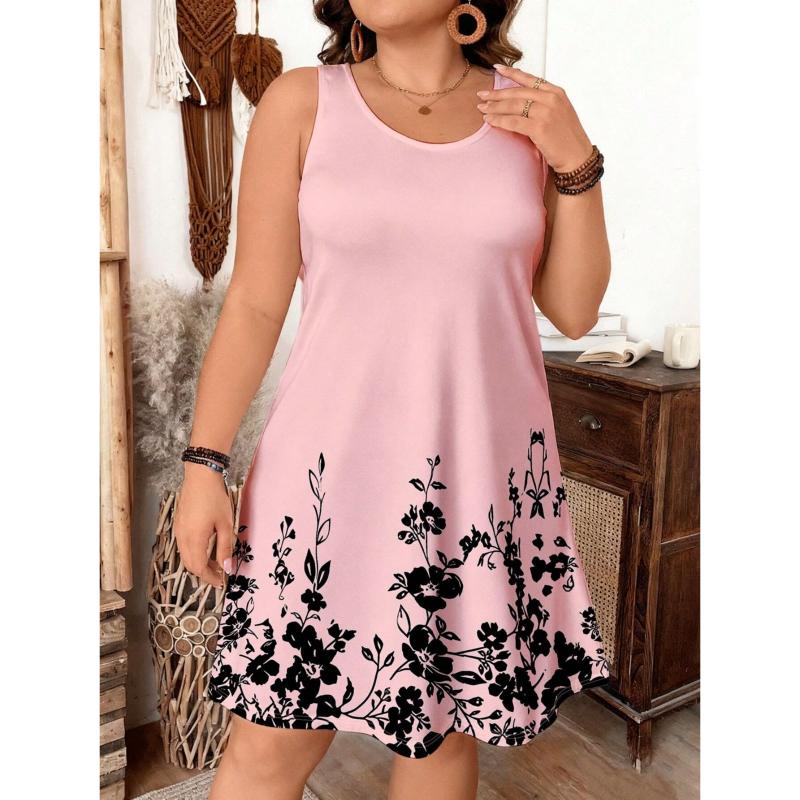 Damen Sommer Übergröße Mittellanges Kleid V-Ausschnitt Ärmellos Floral Bedruckt Strandkleid Partykleid