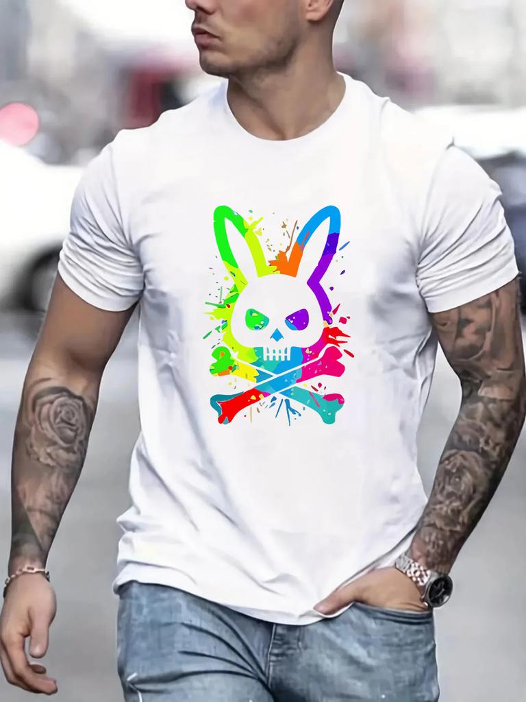 Men's Summer 100% Pure Cotton Fashionable Casual Loose Color Skull and Rabbit Print Sports Round Neck Short Sleeved T-shirt Top