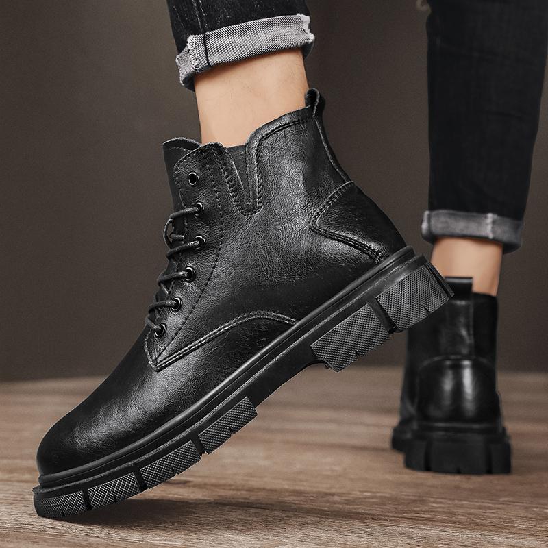 Classic black men's boots Casual minimalist design style Daily office outdoor walking Motorcycle men's leather shoes Size-46