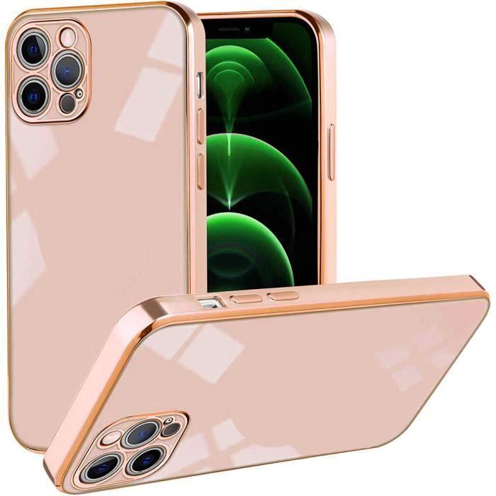 Coque de protection - Rose - pour iPhone 12 Pro Max - Souple - Bordure Or - Antichoc