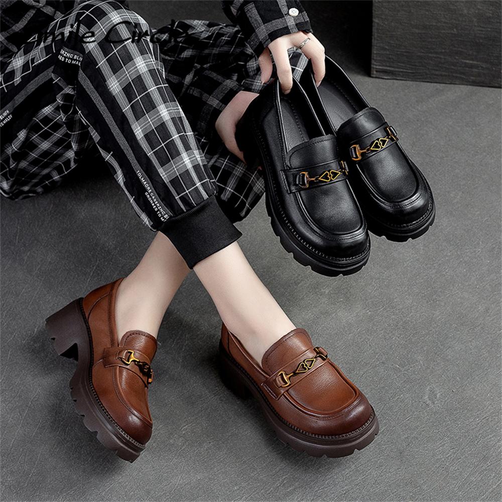 Chunky Heel Low-top Loafers Handmade Retro Casual Shoes Fashion Versatile Thick Bottom Women's Shoes