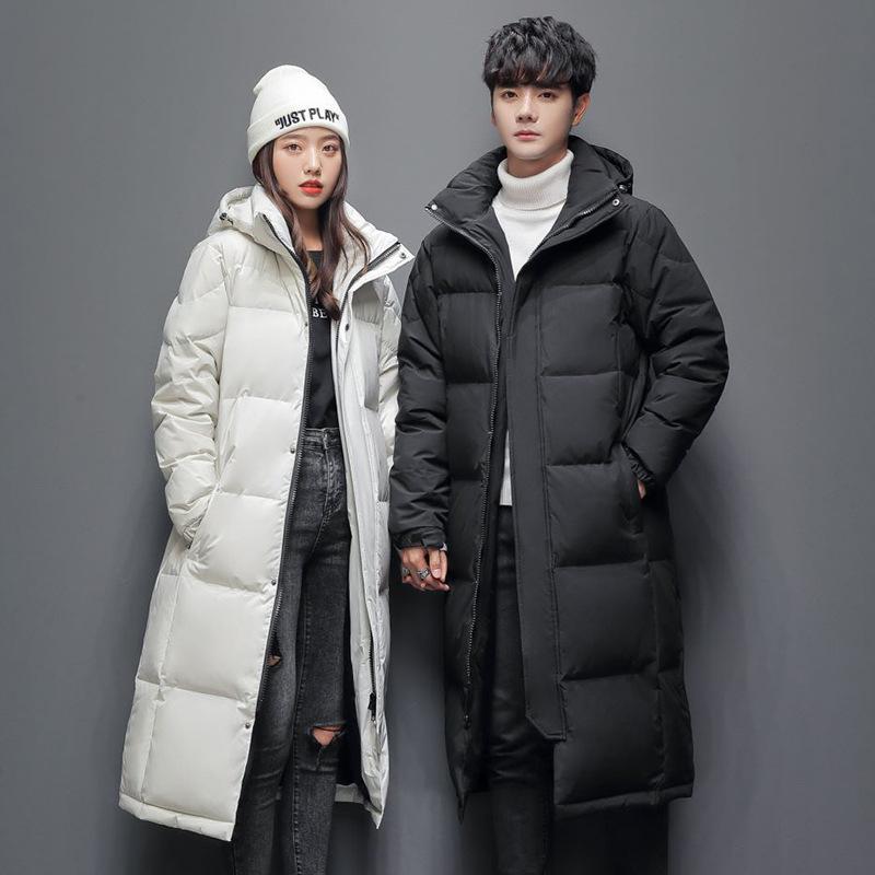 Men's winter couple long down jacket over the knee hooded jacket thickened white duck down versatile for men and women