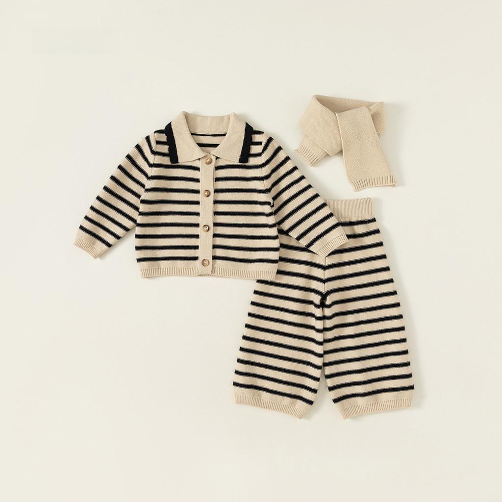Childrens Striped Knit Threepiece Set With Long Sleeve Pants For Toddler Girls