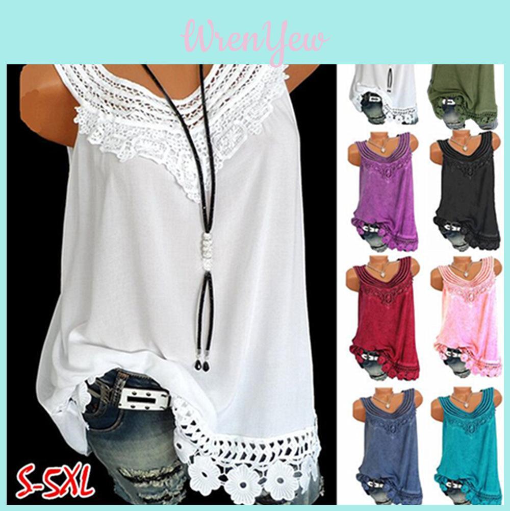 Women's Loose Sleeveless Vest T-shirt Blouse With Elegant Boho Lace Design In Plus Sizes