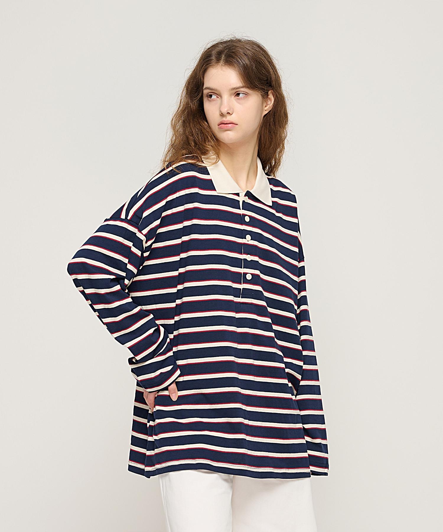 Cargo Bros For Woman Bold Stripe Collared T-Shirt (Navy) Free