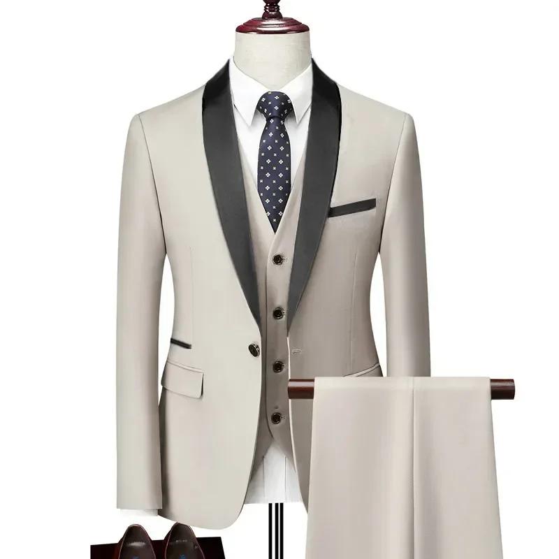 

Men Lapel Black Collar 3 Pcs Suit Set Coat Vest Trousers / Business Groom Wedding Dress Fprmal Blazer Pants Waistcoat 4XL