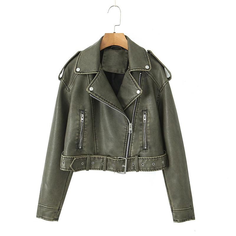 Spring Autumn Women Loose Zipper with Belt Retro Faux Leather Short Jacket Streetwear Female Chic Vintage Coat Outwear