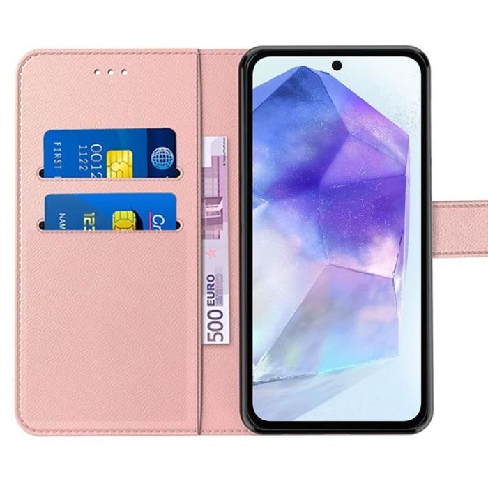 Coque pour Samsung Galaxy A55 5G, Coque en Cuir PU, Protection Antichoc avec Porte-cartes et Fonction de Support, Rose