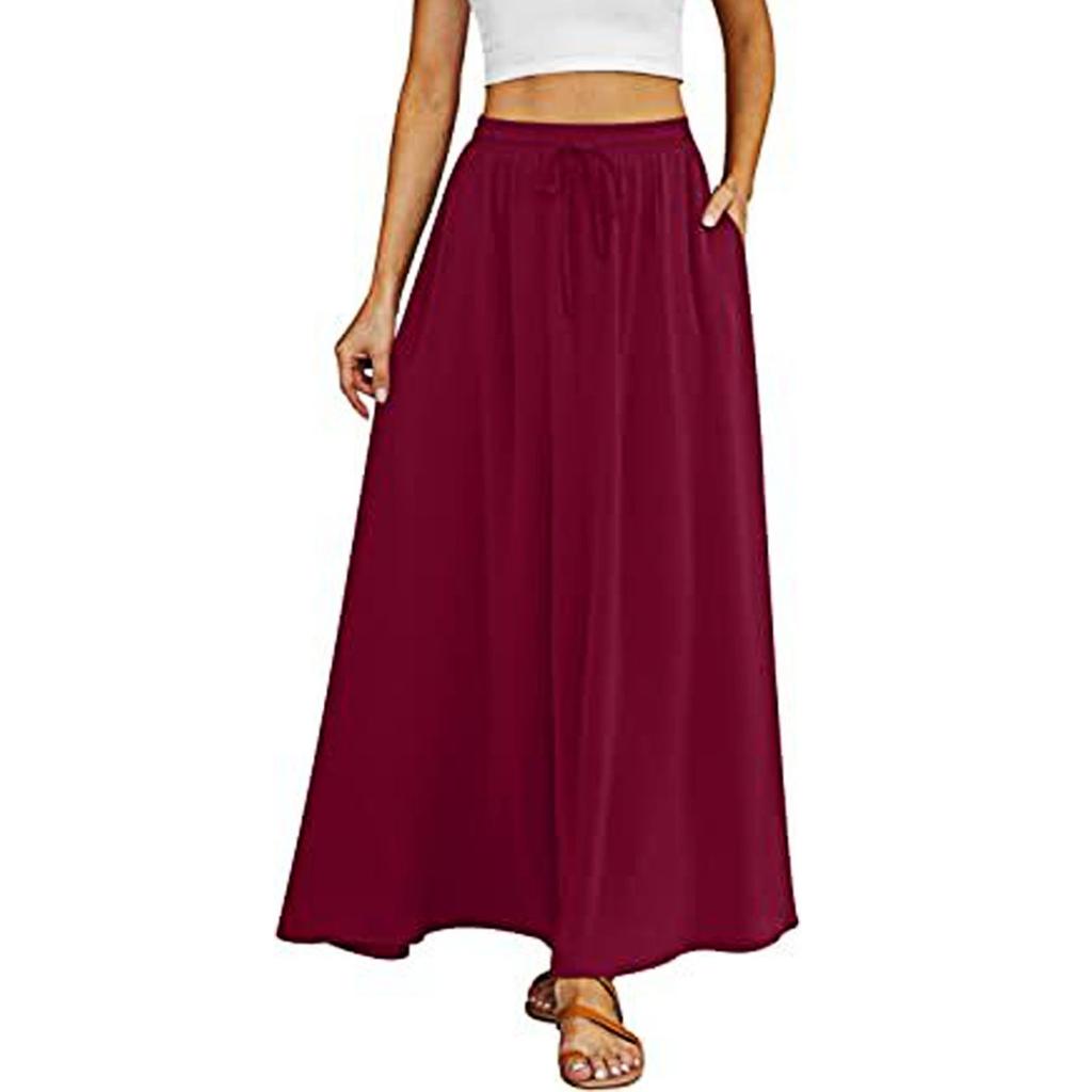 Yousheng Maxirock Verstellbarer Kordelzug Elastischer Hoher Bund Langer Rock mit Großem Saum Blumendruck Taschen Damenrock