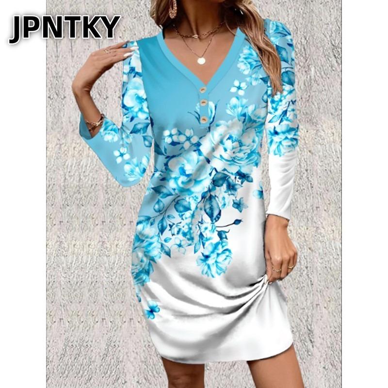 JPNTKY Fashion Autumn Winter Long Sleeve V-Neck Casual Dresses