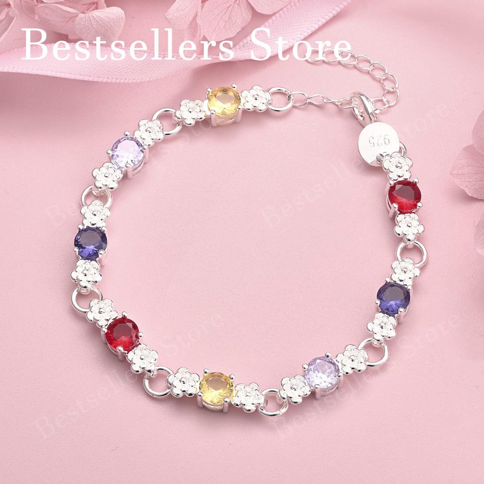 Luxury 925 sterling silver 8-inch flower colored zircon bracelet, elegant women s wedding party jewelry accessories 20cm