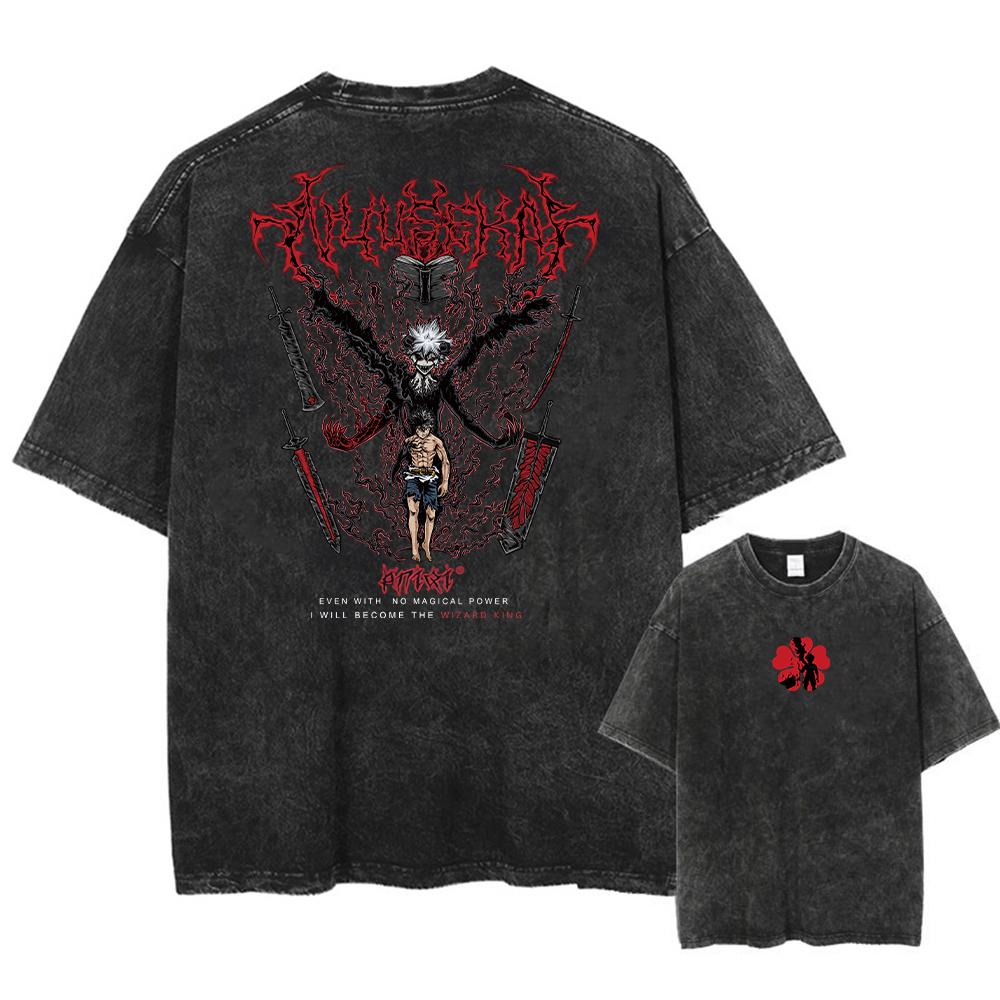 American Retro Black Clover Cartoon Printed Washed Cotton Y2k Retro Harajuku Style Round Neck T-Shirt Short Sleeve Men