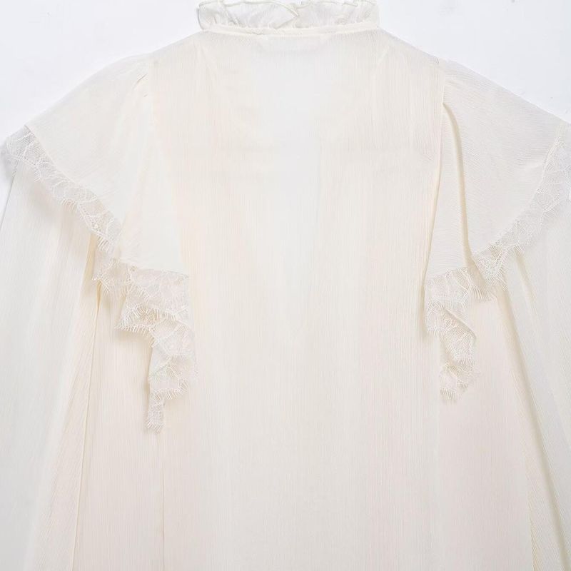 Kaslead New Arrival Women's Fashion Style Lace Laminated Decoration Elegant V-neck Long Sleeve Shirt 5029052