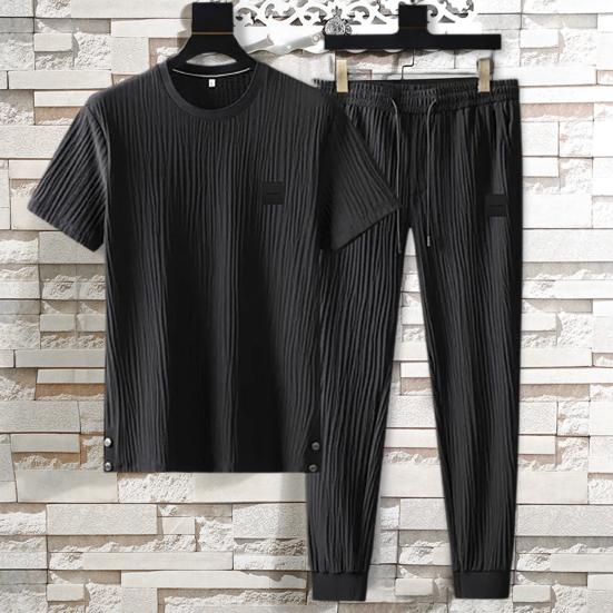 Summer Men Pleated Shirt Pants Two-pieces Set Thin Soft Breathable Tracksuit Casual Sports