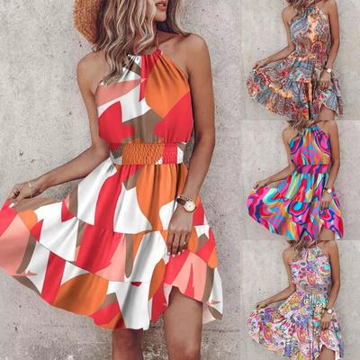 Rochie de damă cu imprimeu, stil european și american, cu gât halter și spate decupat - Sexy, care accentuează talia, fără mâneci
