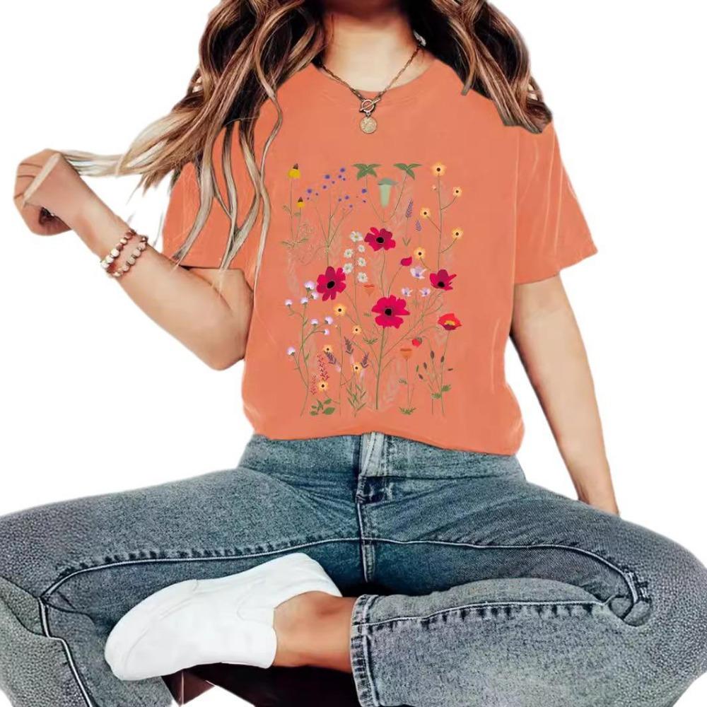 

Футболка женская летняя с коротким рукавом и цветочным принтом, круглым вырезом 6XL