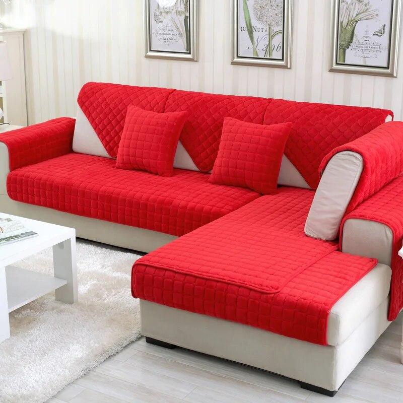 Culoare uni roșu moale îngroșa flanel prosop de canapea matlasat husă de canapea de pluș caldă Huse de canapea anti-alunecare pentru covorașul de canapea