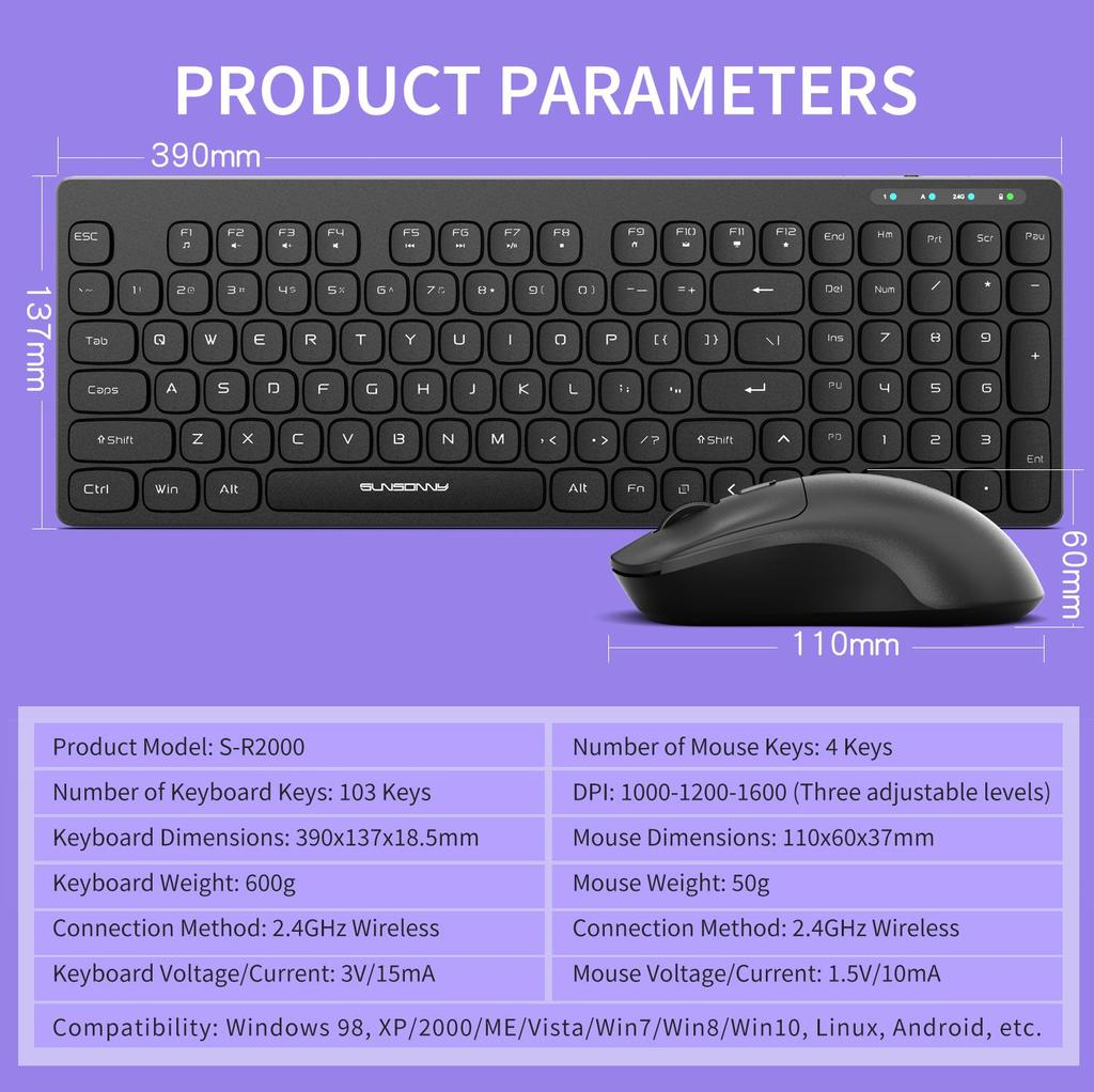 SUNSONNY Wireless Keyboard and Mouse Set Chocolate Silent Office Typing Desktop Laptop Keyboard and Mouse