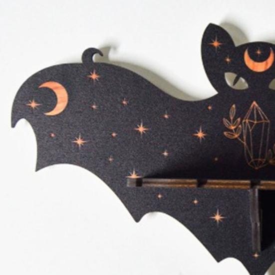 Halloween Bat Wall Floating Shelf Faux Crystal Display Shelf Wooden Candle Holder Wall Shelf Decoration Living Room Bedroom Bathroom Storage Rack