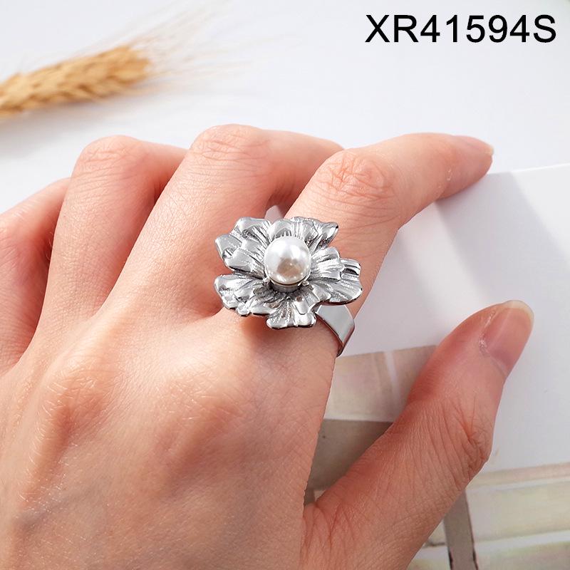 Women s European-Style Gold Plated Stainless Steel Pearl Cross Flower Open Ring - Fashionable, Light Luxury Jewelry