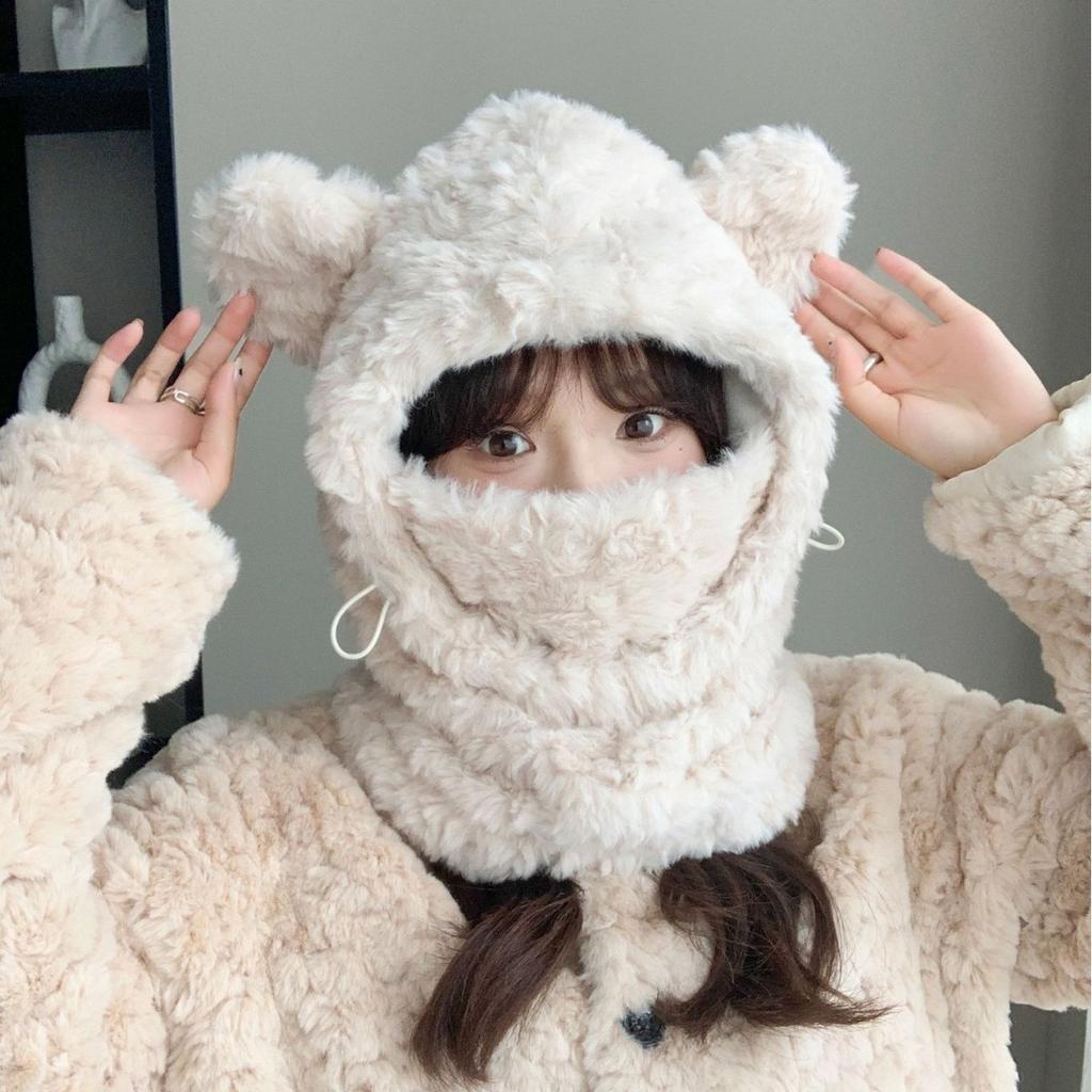 Plush Bear Knitted Ear Protection Hat Mask Scarf Integrated Warmth and Cold Protection Lei Feng Hat Women's Winter Thickened Plush
