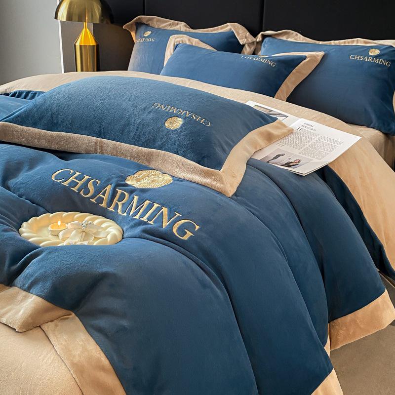 Matte Velvet 4-Piece Set: Non-Static, Solid Color, Wide-Edge Embroidery, Autumn/Winter Plus Velvet Fitted Sheet.