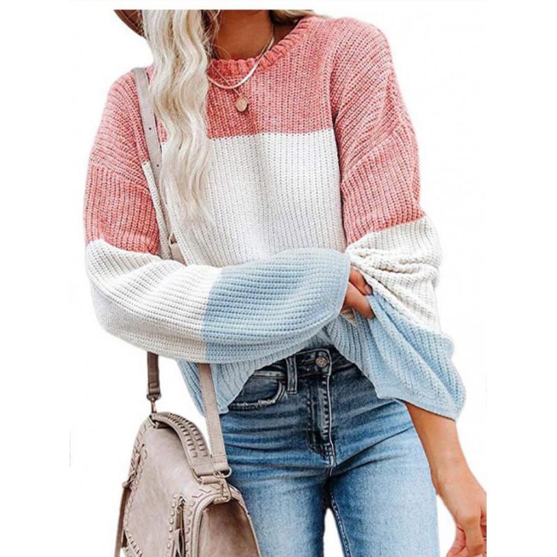 Womens Winter Loose Knit Sweater With Color Block Lantern Sleeves Round Neck Long Sleeve