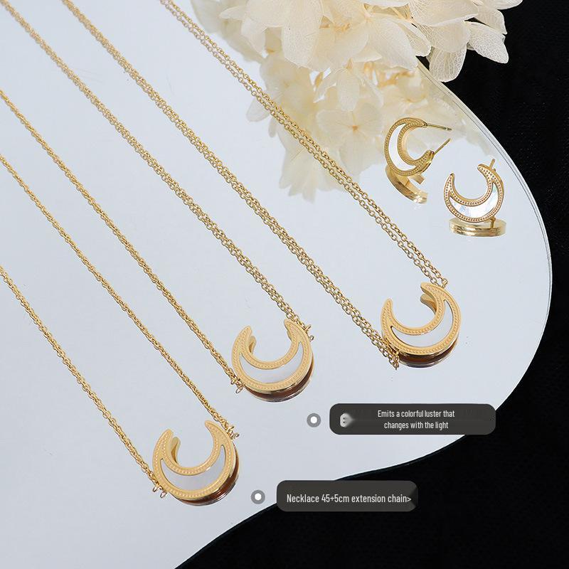 Korean-Inspired Moon White Mother-of-Pearl Jewelry Set: 18K Gold-Plated Titanium Pendant Necklace & Earrings