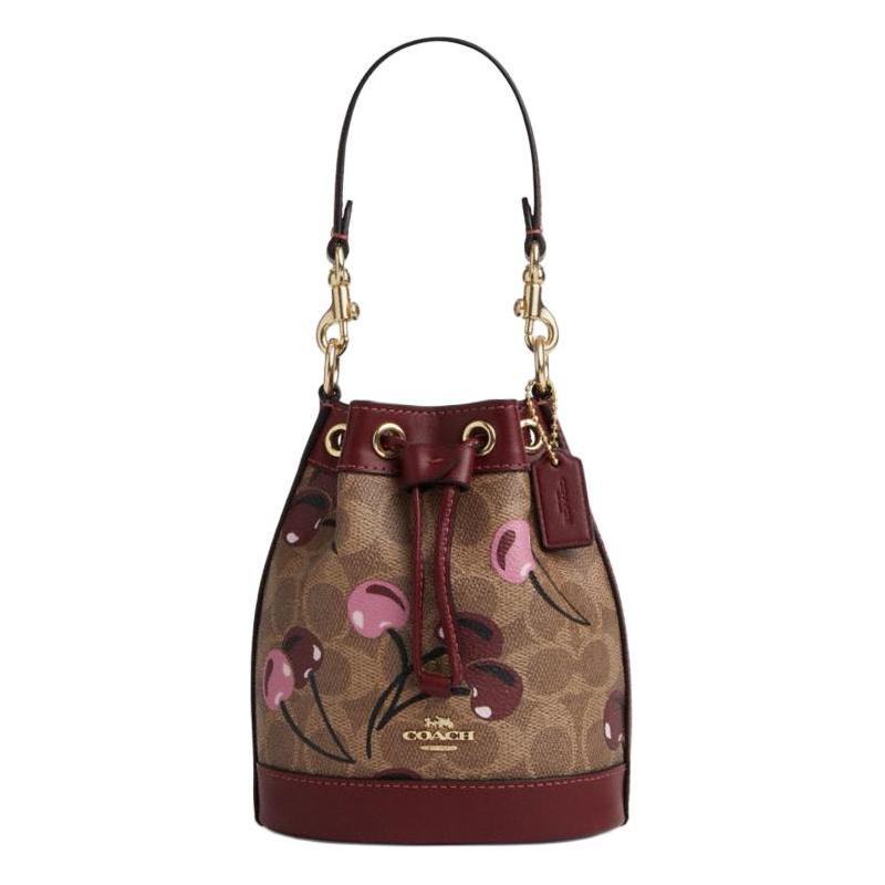 

COACH 14 Cherry Print Artificial Leather Bucket Bag Shoulder Handbag Mini Women’s Brown Yellow with Multi-Color коричневий
