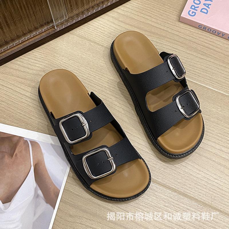 Women's Double Buckle Slide Sandals – Comfortable Open-Toe Casual Slippers for Beach Daily Wear