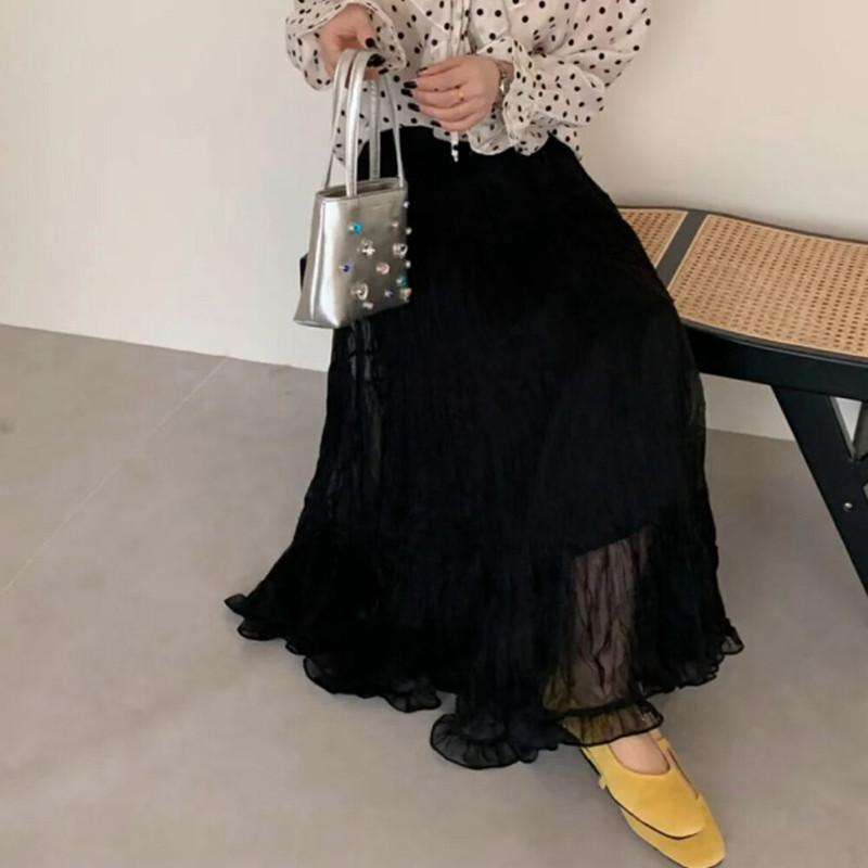 Spring 2026 Women's High-Waisted Ruffled Mesh A-Line Maxi Skirt - Gentle & Slimming