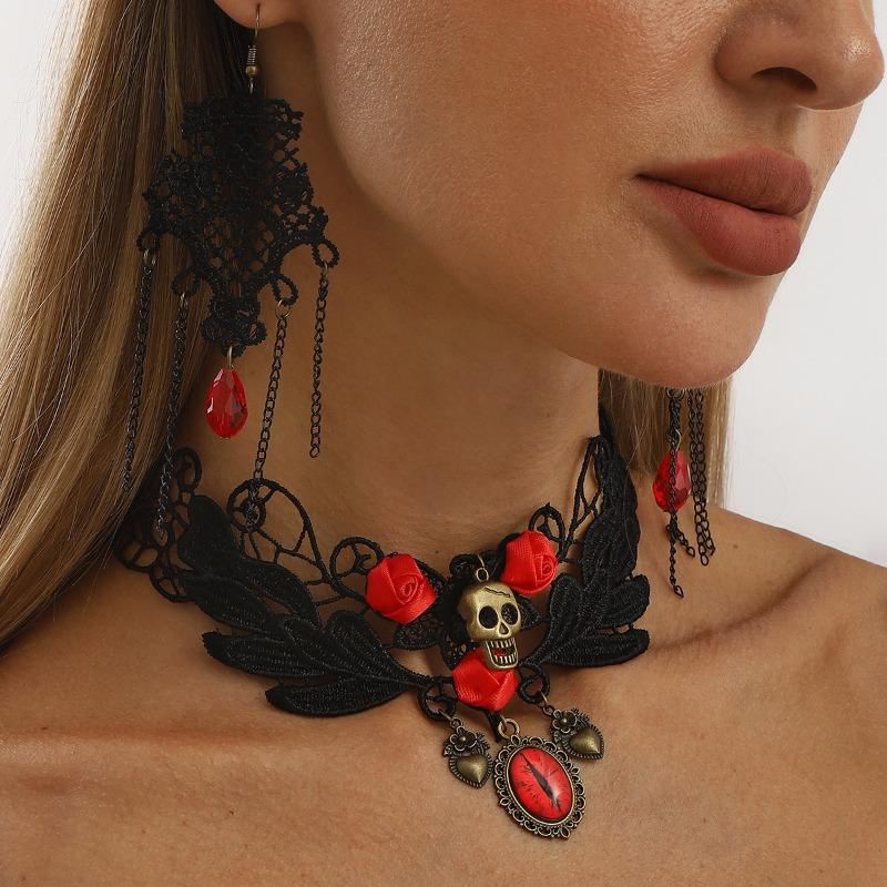 Halloween Dark Lace Rose Chain Fringed Earrings Collarbone Chain Jewelry Set Women