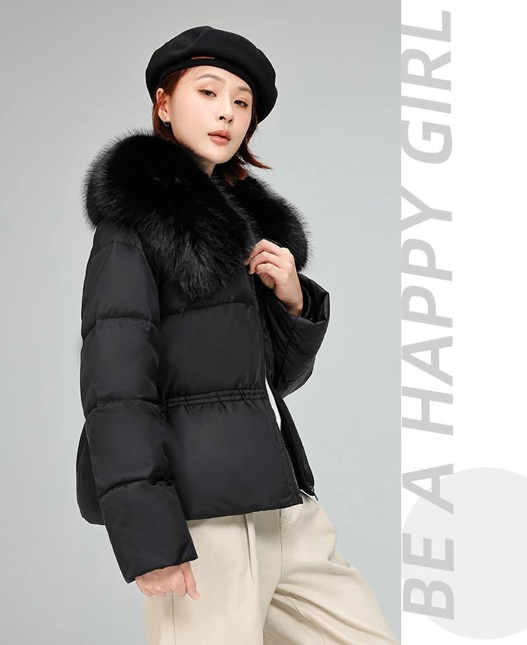 Women’s Short Big Fur Lapel Drawstring Warm Winter Jacket