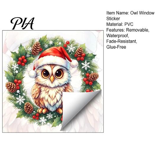 Festival Atmosphere Supplies Christmas Owl Wreath Static Window Cling, Winter Holiday Glass Sticker, Customizable Patterns No?Glue Reusable