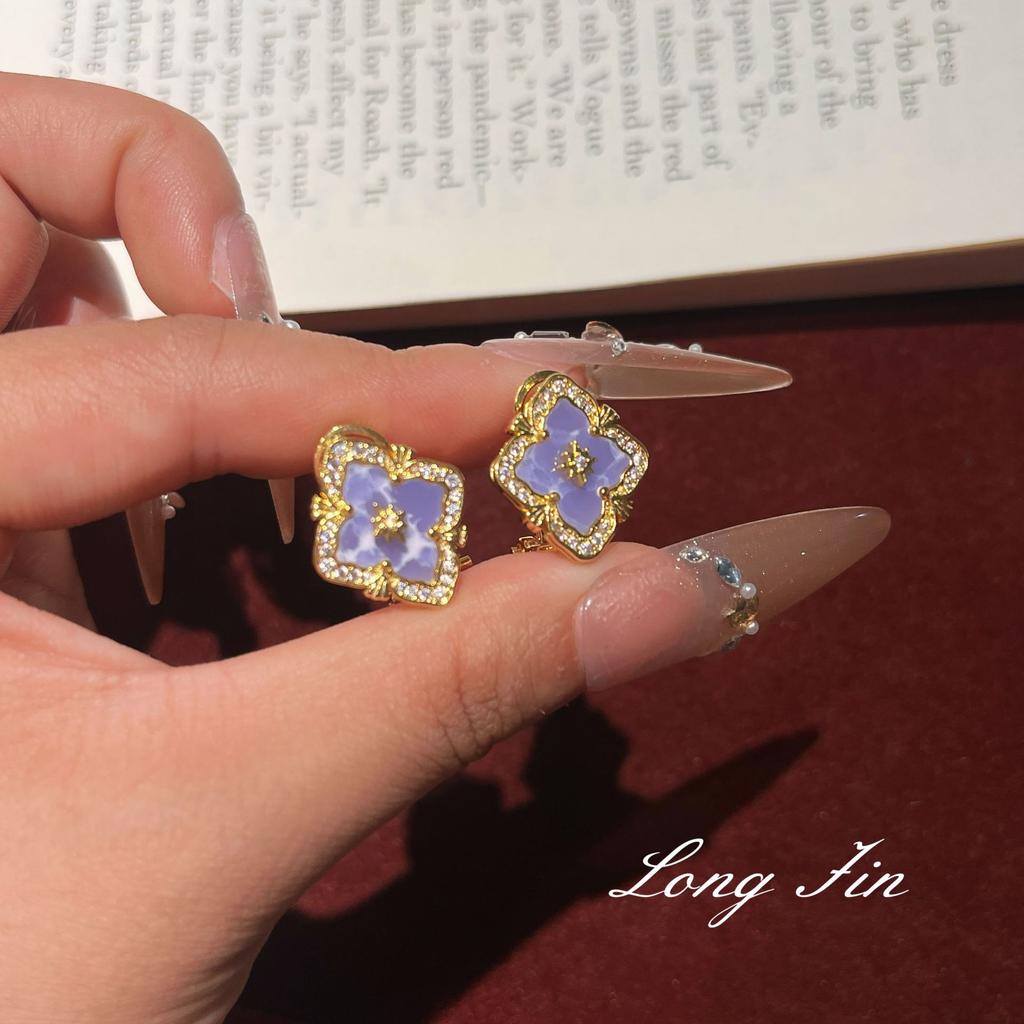 French Retro Raspuche Four-Leaf Clover Blue-Purple Suit, Bracelet Necklace, Earrings, Court Style, Light Luxury And Versatile.