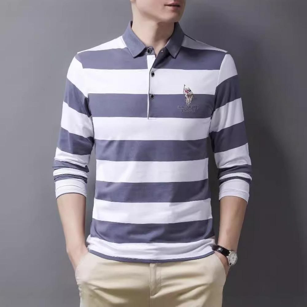 Men's Autumn New Long-sleeved T-shirt Men's Casual Korean Version Trendy Lapel Striped Business Polo Shirt Top