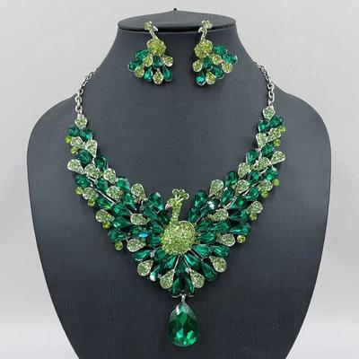 Peacock Crystal Wedding Earrings Necklace Set for Women Bridal Jewelry Party Accessories
