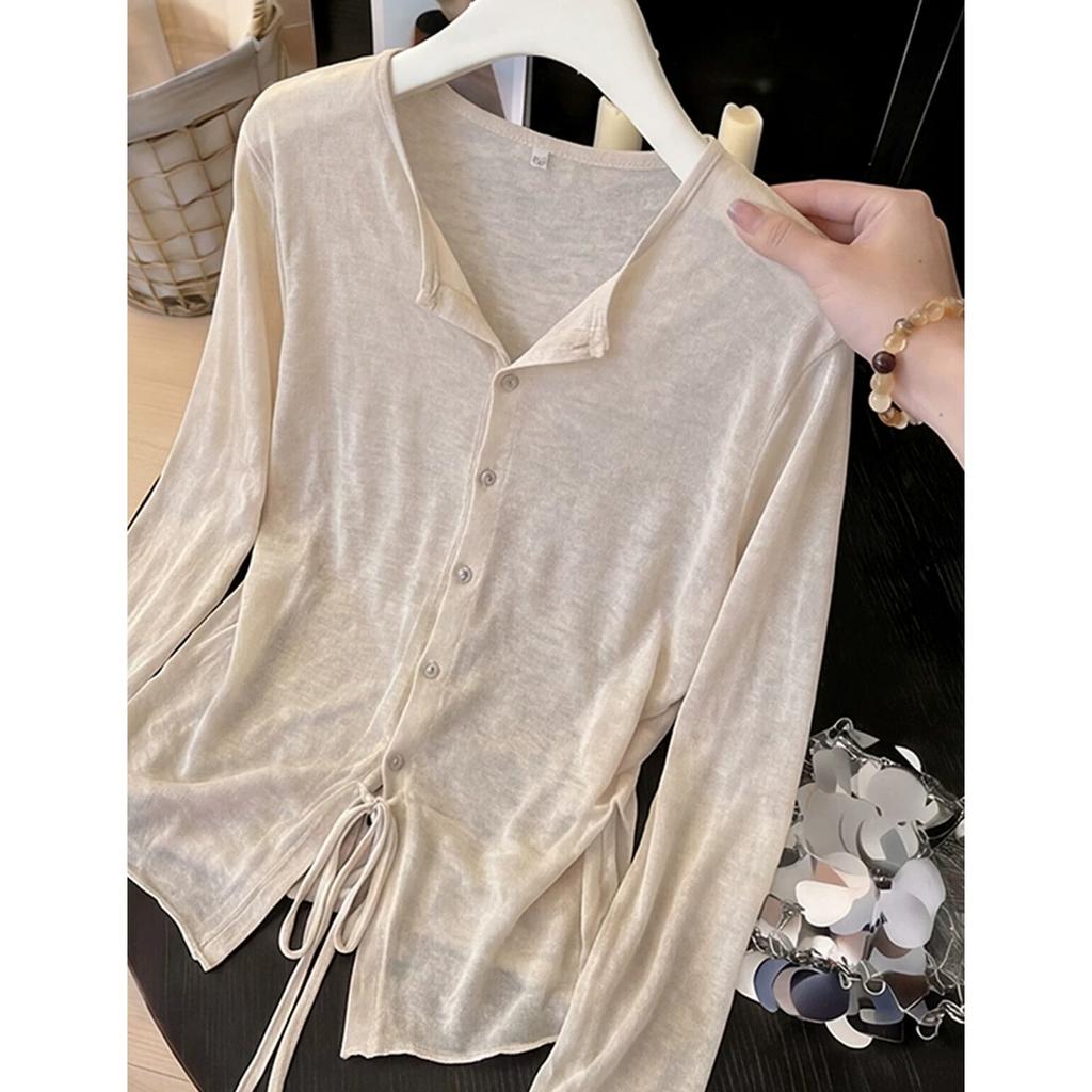 apricot v-neck lace-up sunscreen long-sleeved knitted cardigan with suspender skirt in summer and thin air-conditioning blouse top