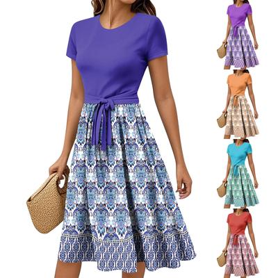 Women's Casual Fashion Belted Vintage Printed Short Sleeve Round Neck Elegant Dress