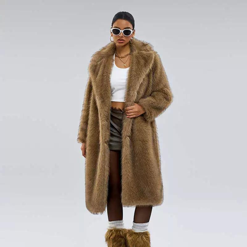 Womens Long Faux Fur Coat Blazer Collar Fall 2025 Plus Size S-XXL