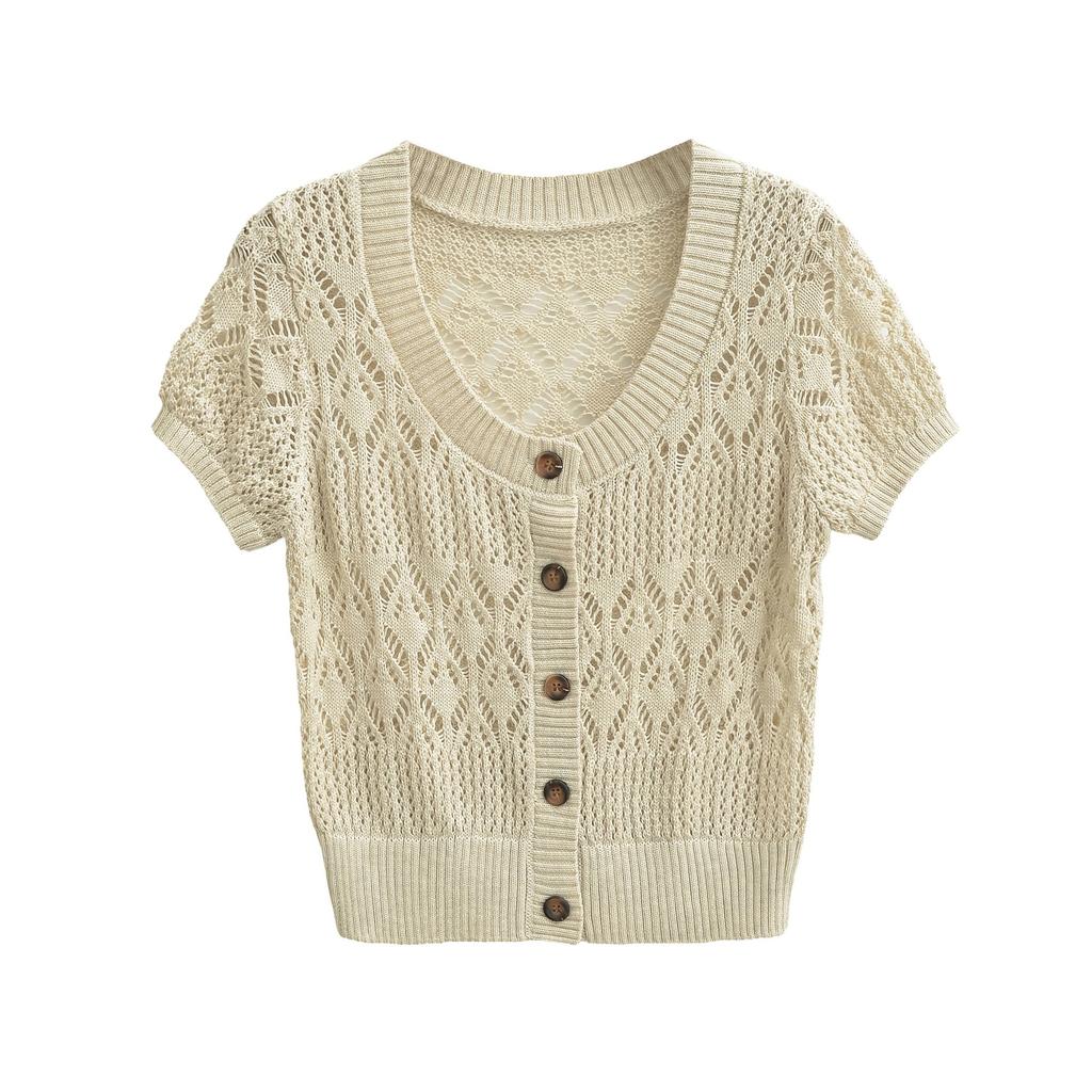 Fashion crew neck knitted sweater women's summer new American retro Spice Girl slim and thin cardigan short-sleeved T-shirt